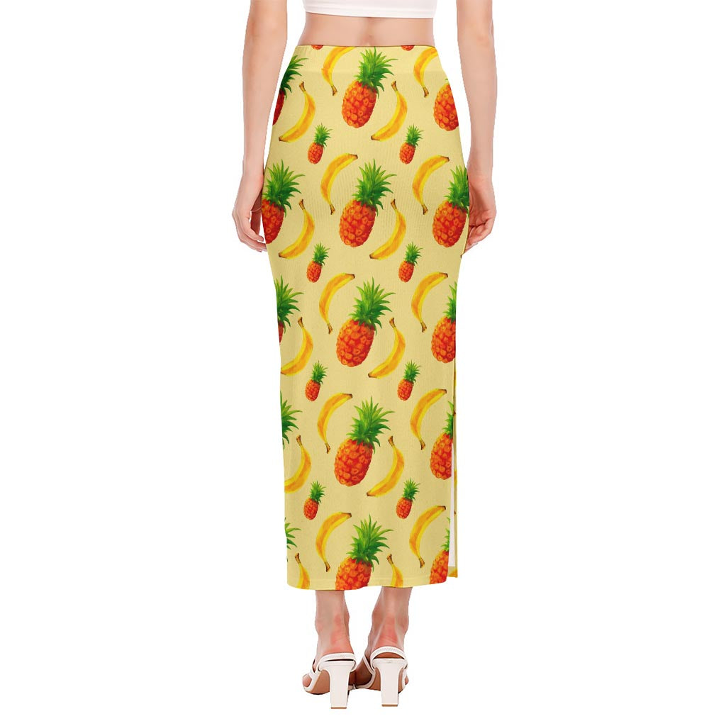Banana Pineapple Pattern Print Side Slit Maxi Skirt