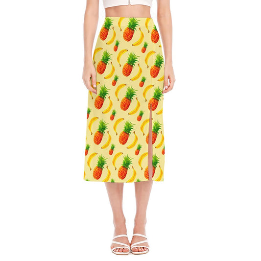 Banana Pineapple Pattern Print Side Slit Midi Skirt
