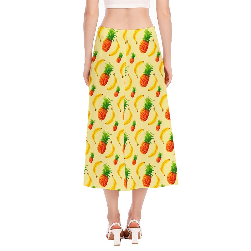 Banana Pineapple Pattern Print Side Slit Midi Skirt