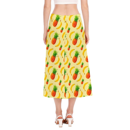 Banana Pineapple Pattern Print Side Slit Midi Skirt