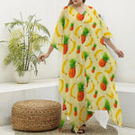 Banana Pineapple Pattern Print Silk V-Neck Kaftan Dress