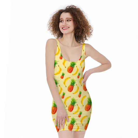 Banana Pineapple Pattern Print Sleeveless Bodycon Dress