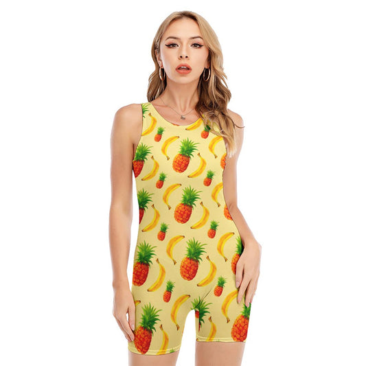 Banana Pineapple Pattern Print Sleeveless One Piece Swimsuit