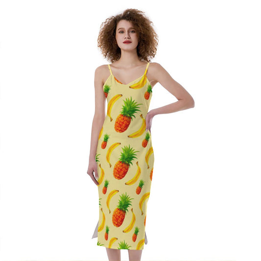 Banana Pineapple Pattern Print Slim Fit Midi Cami Dress