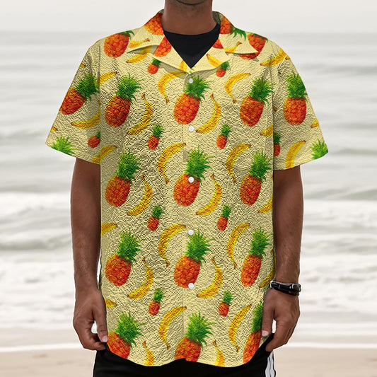 Banana Pineapple Pattern Print Textured Short Sleeve Shirt