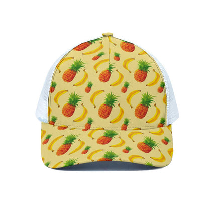 Banana Pineapple Pattern Print White Mesh Trucker Cap