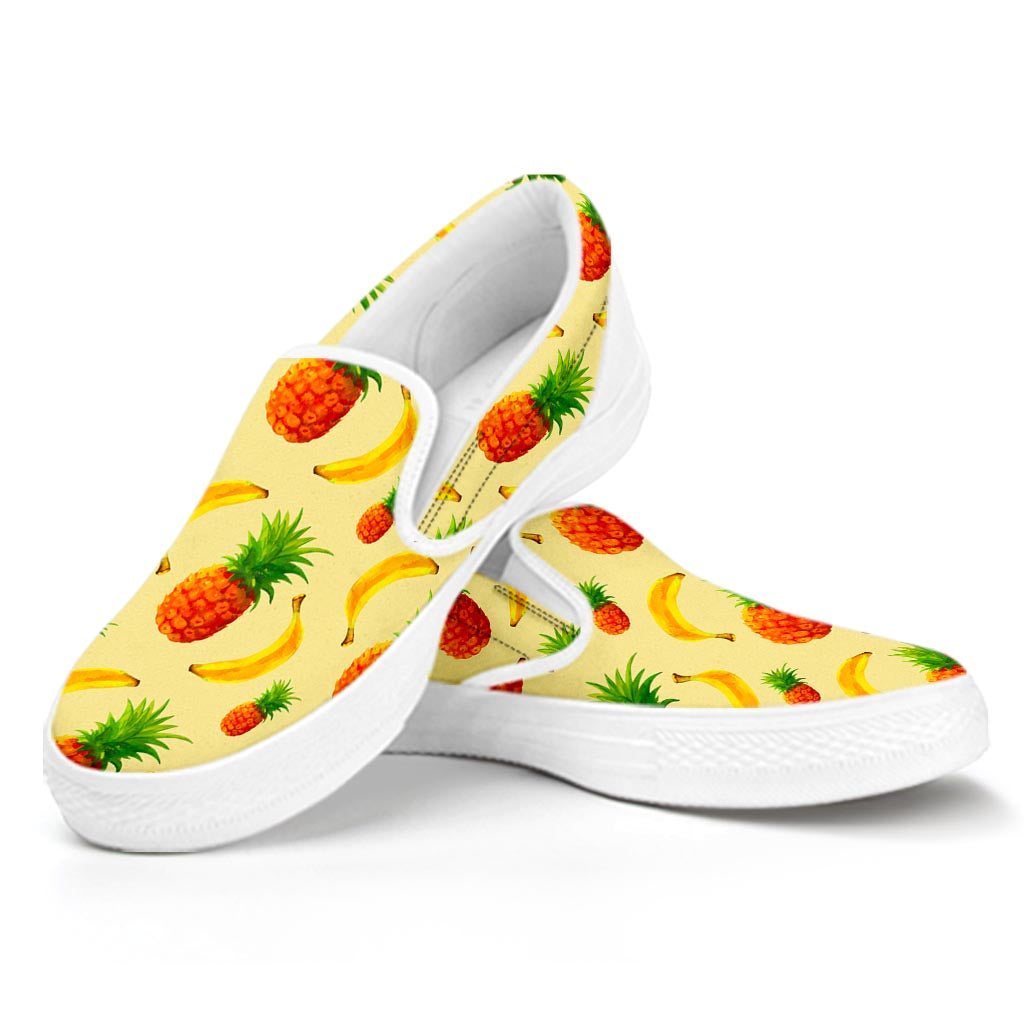 Banana Pineapple Pattern Print White Slip On Sneakers