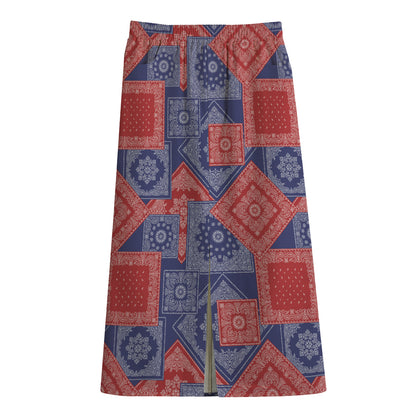 Bandanna Patchwork Pattern Print Cotton Front Slit Maxi Skirt