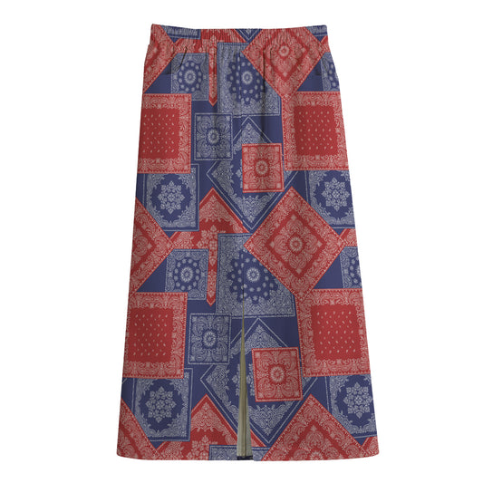 Bandanna Patchwork Pattern Print Cotton Front Slit Maxi Skirt