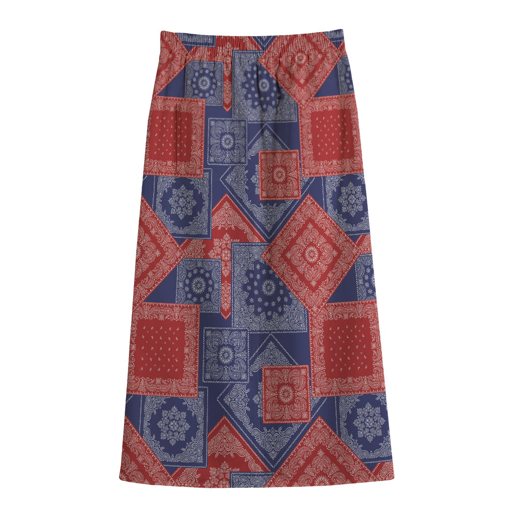 Bandanna Patchwork Pattern Print Cotton Front Slit Maxi Skirt