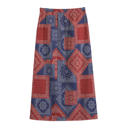 Bandanna Patchwork Pattern Print Cotton Front Slit Maxi Skirt