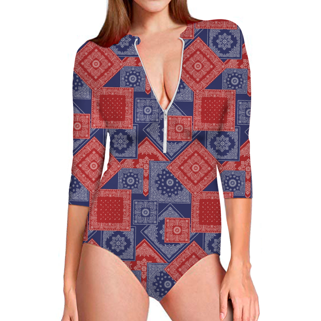 Bandanna Patchwork Pattern Print Long Sleeve Swimsuit