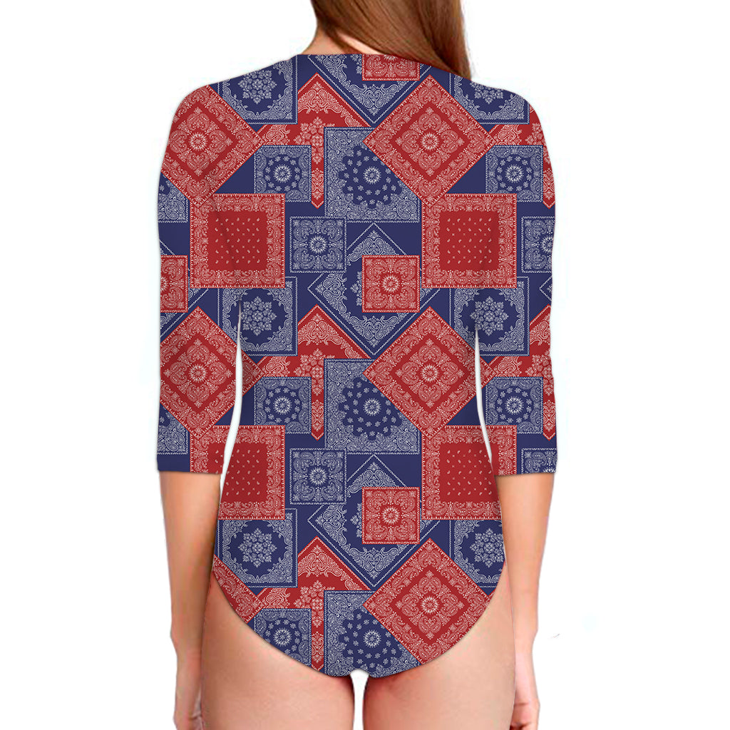 Bandanna Patchwork Pattern Print Long Sleeve Swimsuit