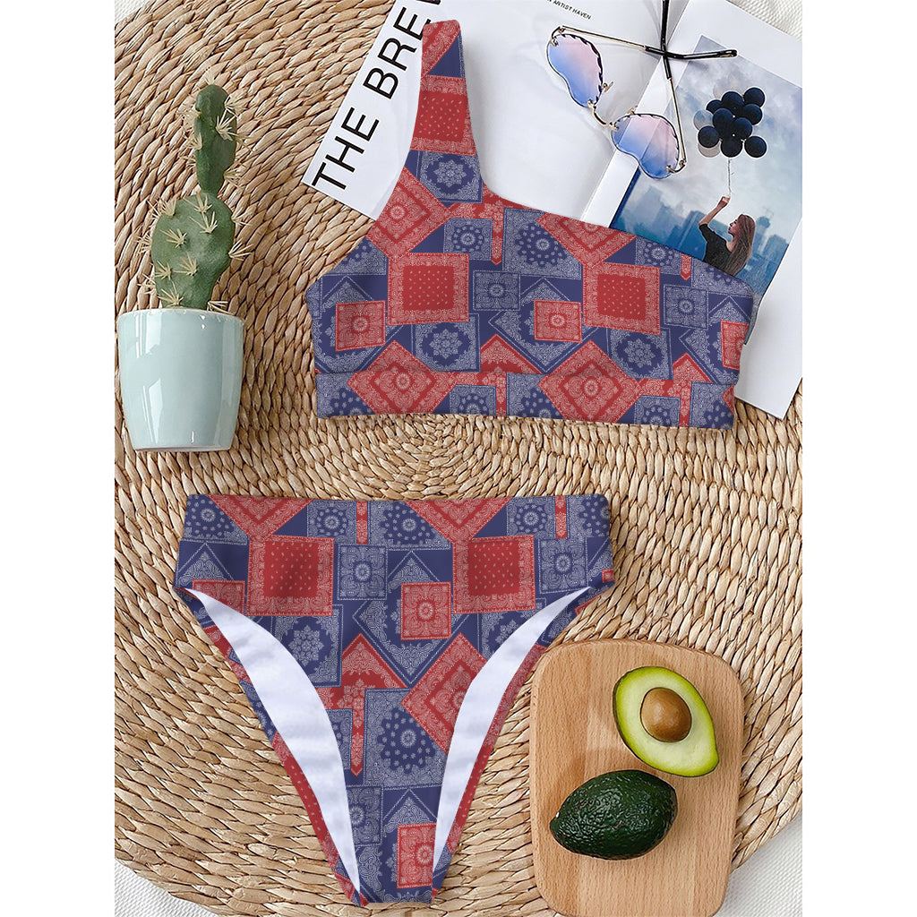 Bandanna Patchwork Pattern Print One Shoulder Bikini Top