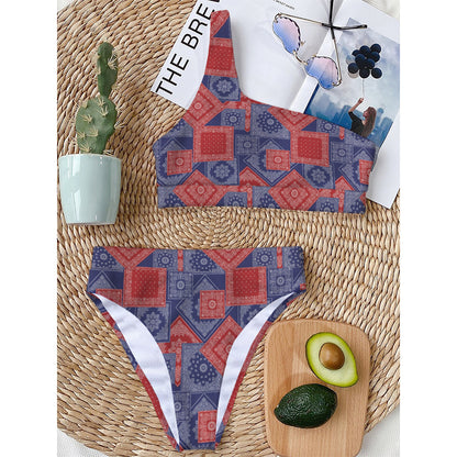 Bandanna Patchwork Pattern Print One Shoulder Bikini Top