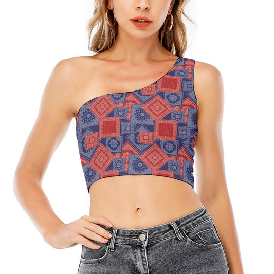 Bandanna Patchwork Pattern Print One Shoulder Crop Top