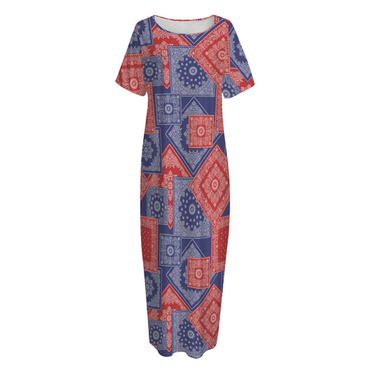 Bandanna Patchwork Pattern Print Short Sleeve Long Nightdress