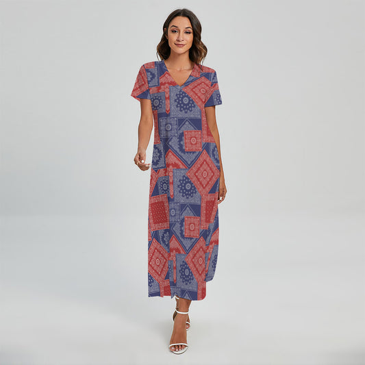 Bandanna Patchwork Pattern Print Short Sleeve Maxi Dress