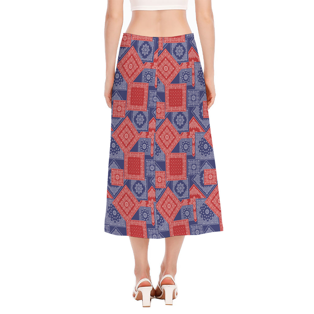 Bandanna Patchwork Pattern Print Side Slit Midi Skirt