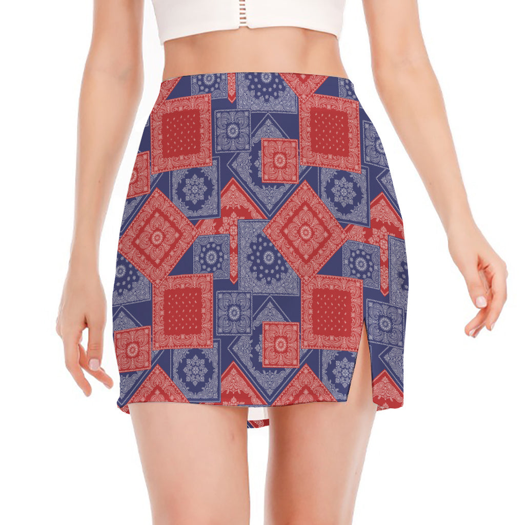 Bandanna Patchwork Pattern Print Side Slit Mini Skirt