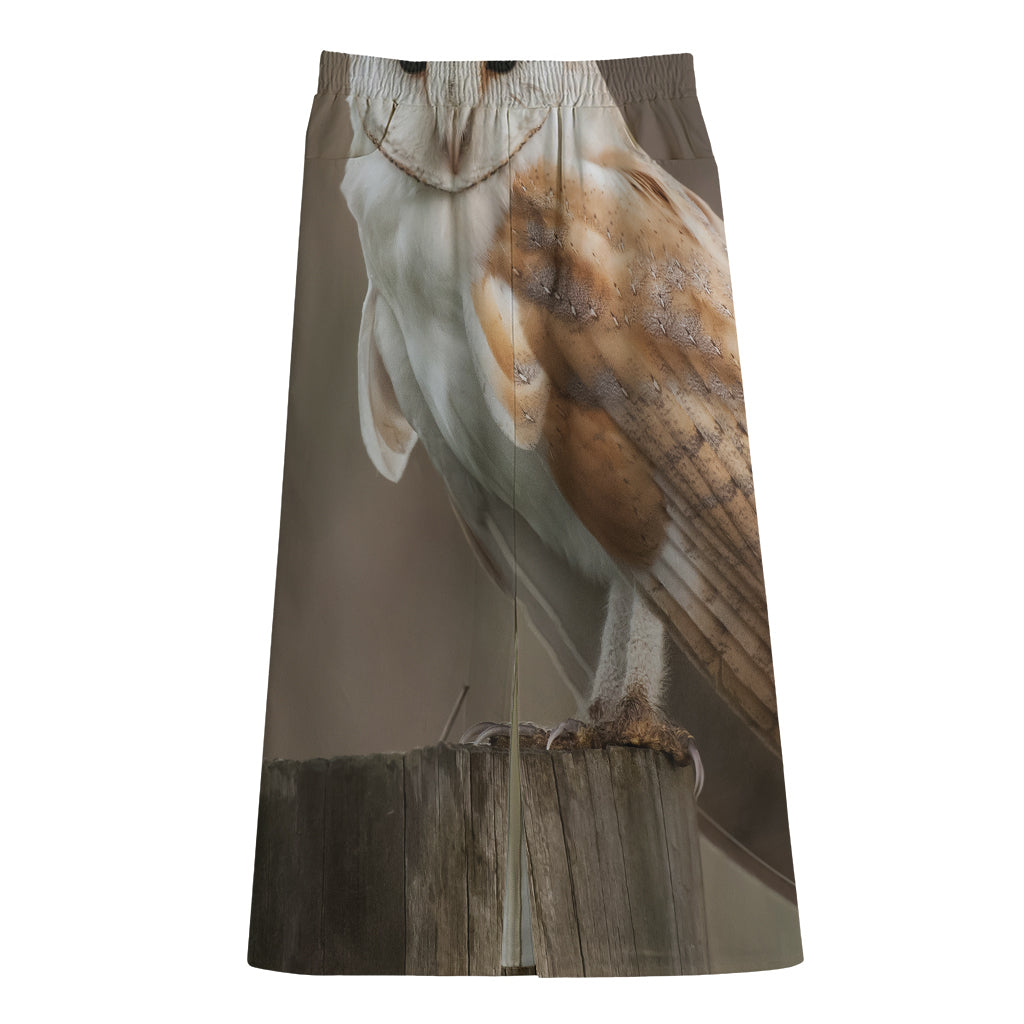 Barn Owl Print Cotton Front Slit Maxi Skirt
