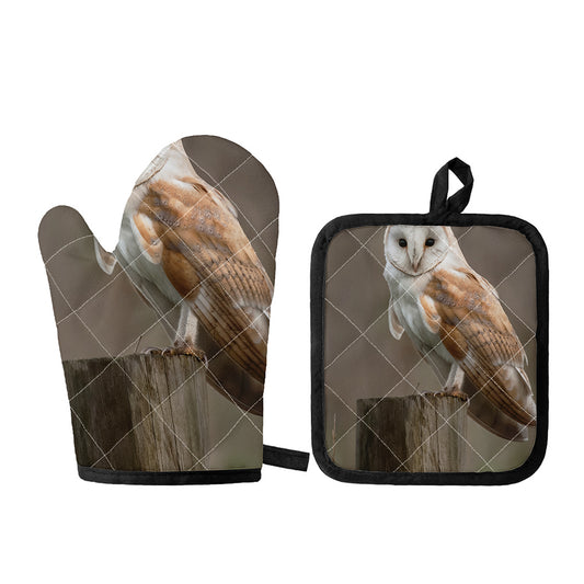 Barn Owl Print Oven Mitt And Pot Holder Set
