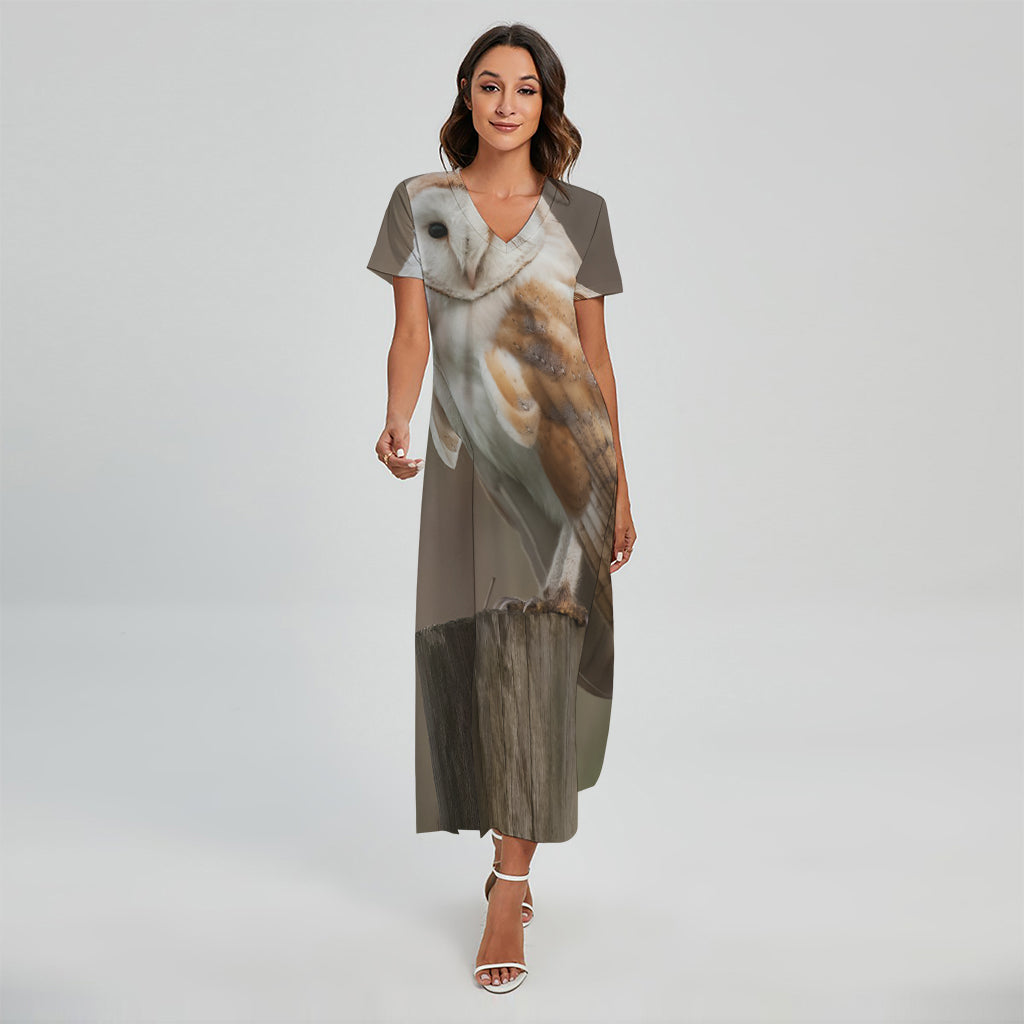 Barn Owl Print Short Sleeve Maxi Dress