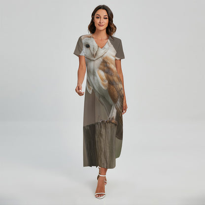 Barn Owl Print Short Sleeve Maxi Dress