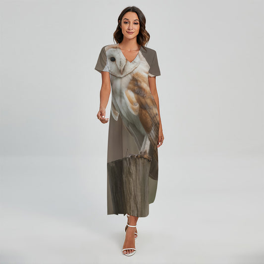 Barn Owl Print Short Sleeve Maxi Dress