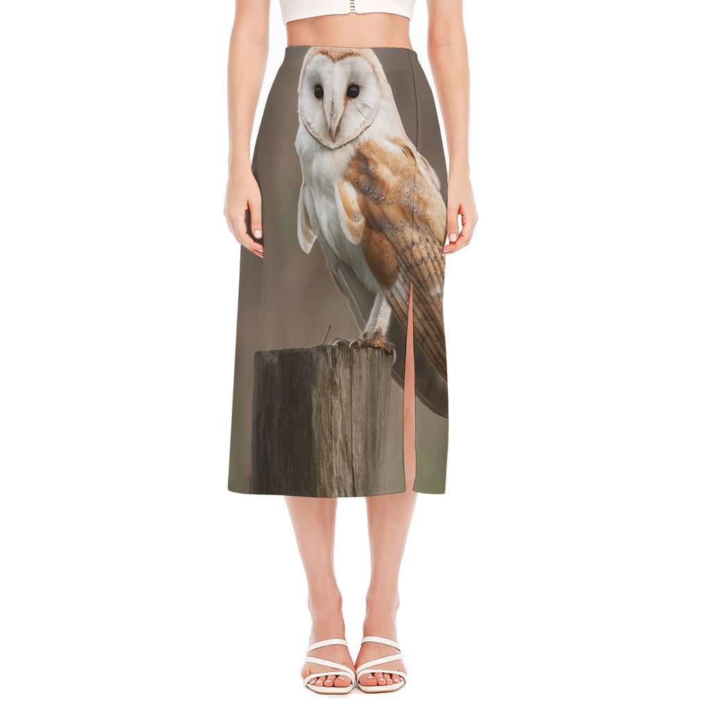 Barn Owl Print Side Slit Midi Skirt