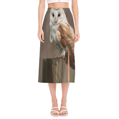 Barn Owl Print Side Slit Midi Skirt