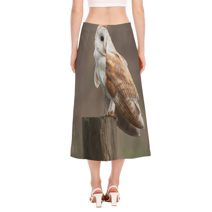 Barn Owl Print Side Slit Midi Skirt