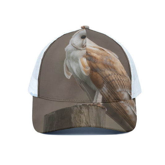 Barn Owl Print White Mesh Trucker Cap
