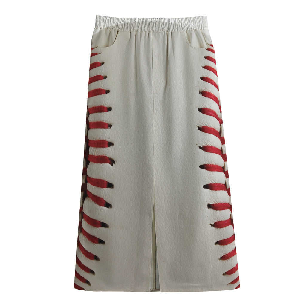 Baseball Stitching Print Cotton Front Slit Maxi Skirt