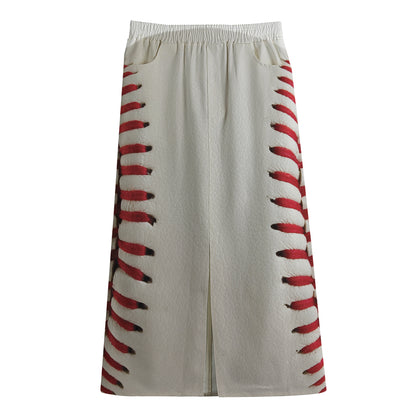 Baseball Stitching Print Cotton Front Slit Maxi Skirt