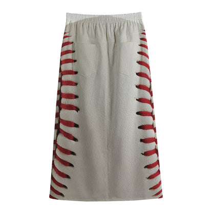 Baseball Stitching Print Cotton Front Slit Maxi Skirt