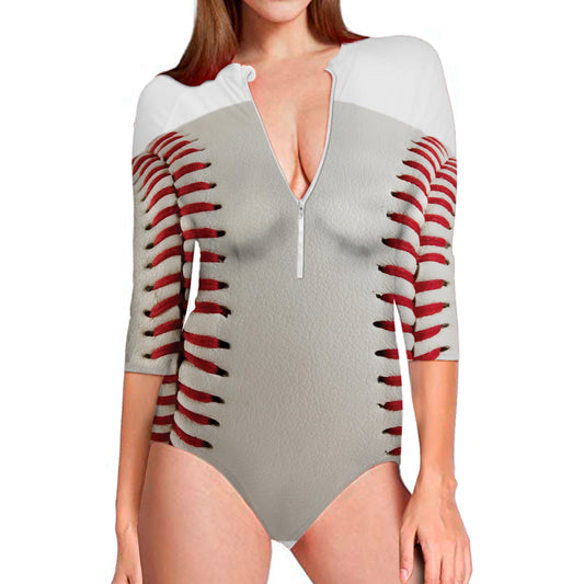 Baseball Stitching Print Long Sleeve Swimsuit