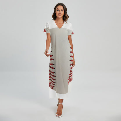 Baseball Stitching Print Short Sleeve Maxi Dress