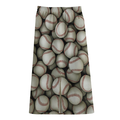 Baseballs 3D Print Cotton Front Slit Maxi Skirt