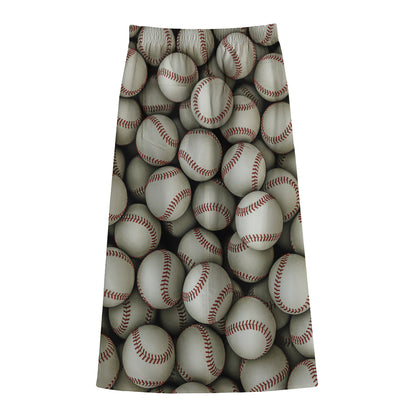 Baseballs 3D Print Cotton Front Slit Maxi Skirt
