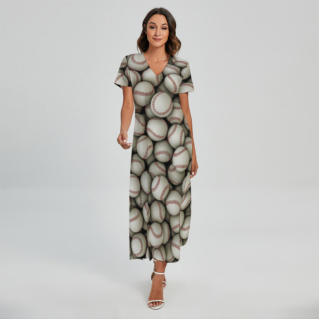 Baseballs 3D Print Short Sleeve Maxi Dress