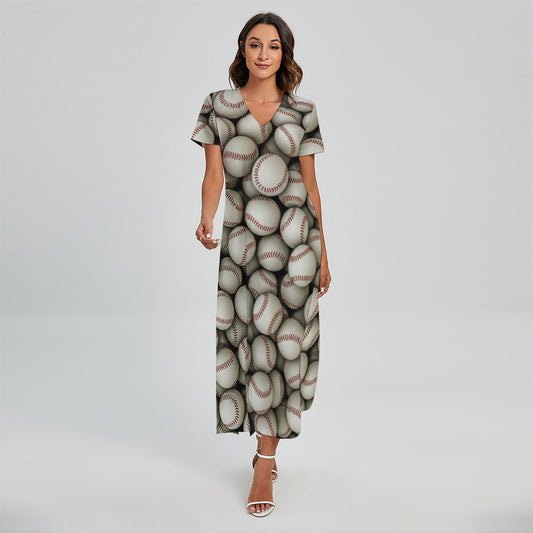 Baseballs 3D Print Short Sleeve Maxi Dress