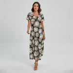 Baseballs 3D Print Short Sleeve Maxi Dress
