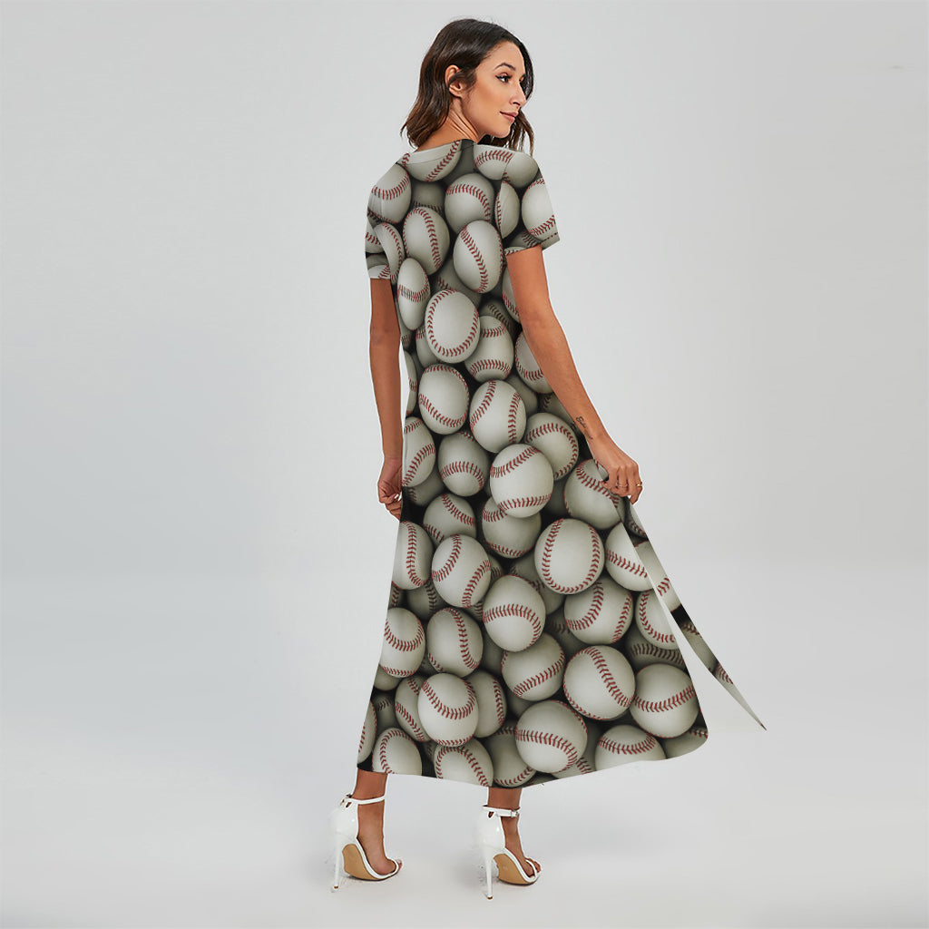 Baseballs 3D Print Short Sleeve Maxi Dress