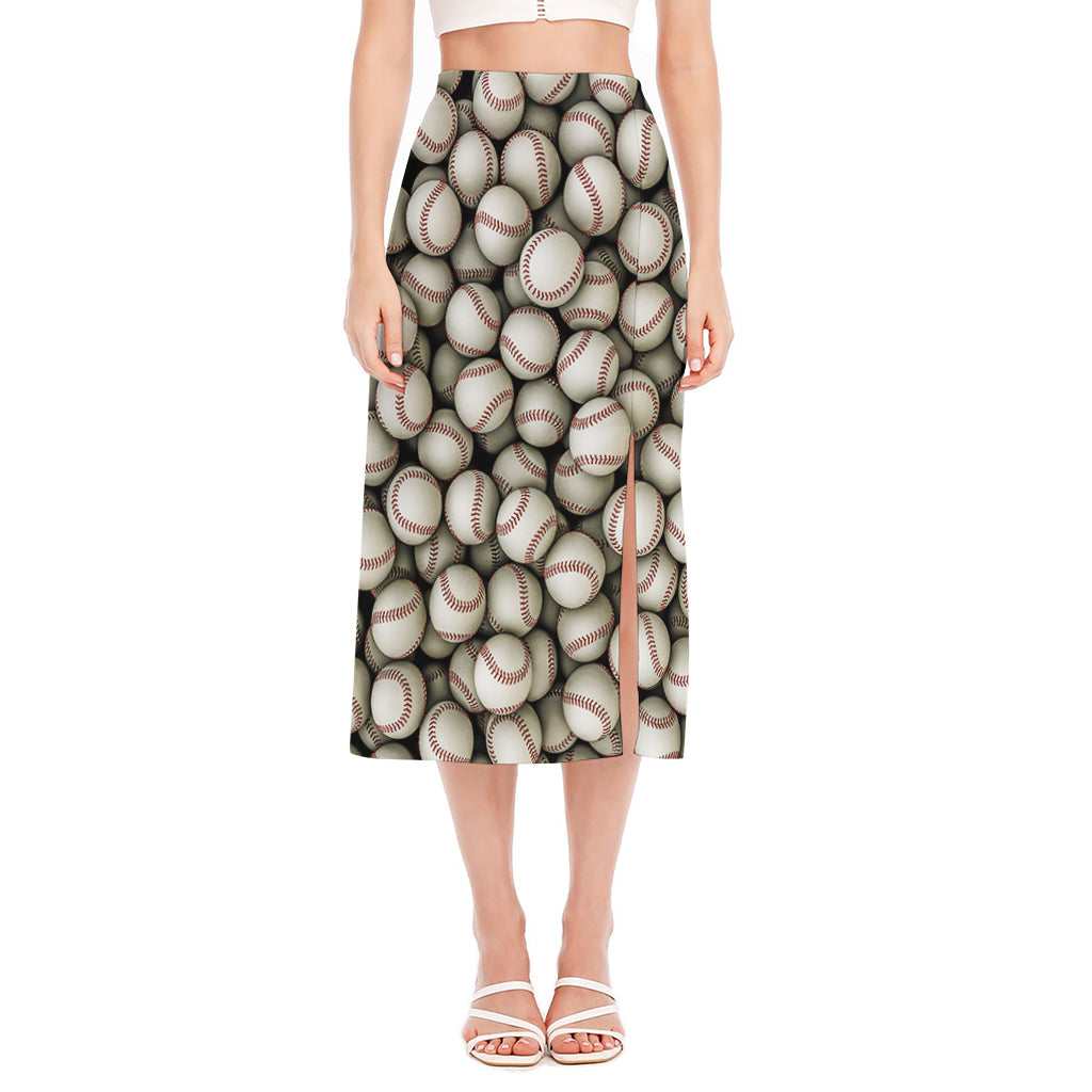 Baseballs 3D Print Side Slit Midi Skirt