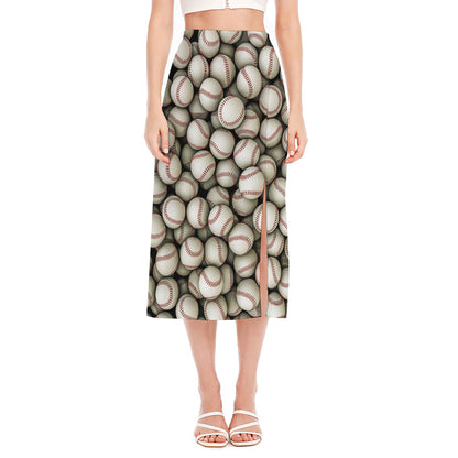 Baseballs 3D Print Side Slit Midi Skirt
