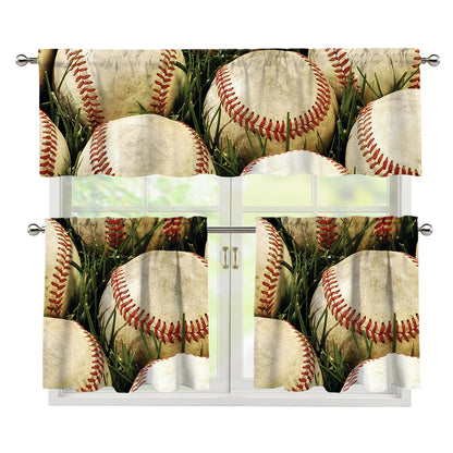 Baseballs On Field Print 3 Piece Kitchen Curtains