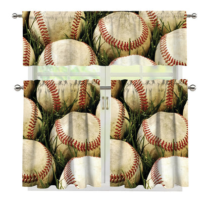 Baseballs On Field Print 3 Piece Kitchen Curtains