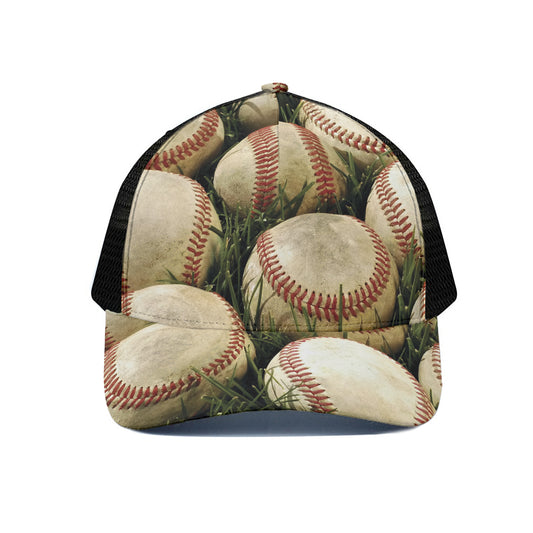 Baseballs On Field Print Black Mesh Trucker Cap