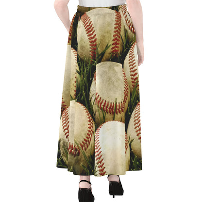 Baseballs On Field Print Chiffon Maxi Skirt